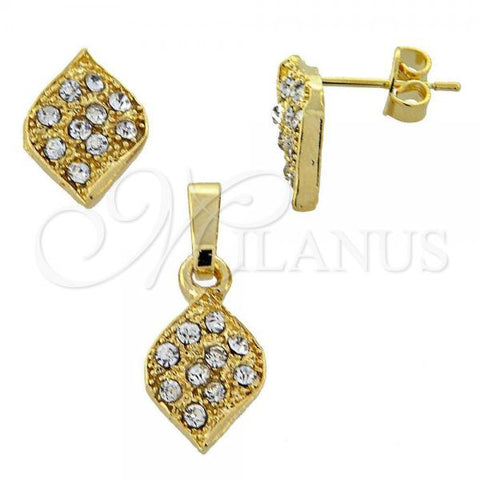 Oro Laminado Earring and Pendant Adult Set, Gold Filled Style Leaf Design, with White Crystal, Polished, Golden Finish, 10.164.0028