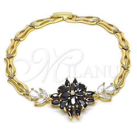 Oro Laminado Fancy Bracelet, Gold Filled Style Flower and Fish Design, with Black and White Cubic Zirconia, Polished, Golden Finish, 03.316.0074.08
