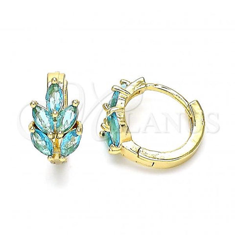 Oro Laminado Huggie Hoop, Gold Filled Style Leaf Design, with Aqua Blue Cubic Zirconia, Polished, Golden Finish, 02.210.0649.2.15