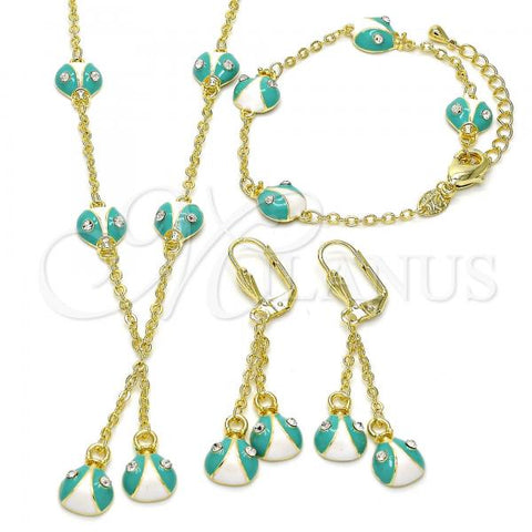 Oro Laminado Earring and Pendant Children Set, Gold Filled Style Ladybug Design, with White Crystal, Multicolor Enamel Finish, Golden Finish, 06.60.0005