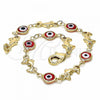 Oro Laminado Fancy Bracelet, Gold Filled Style Evil Eye and Dolphin Design, Red Resin Finish, Golden Finish, 03.326.0009.1.08
