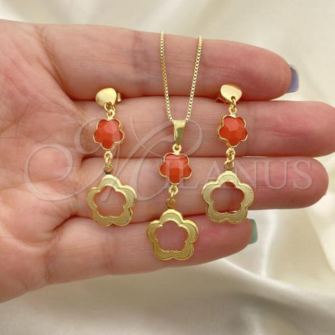 Oro Laminado Earring and Pendant Adult Set, Gold Filled Style Flower and Box Design, with Orange Opal, Resin Finish, Golden Finish, 10.58.0025