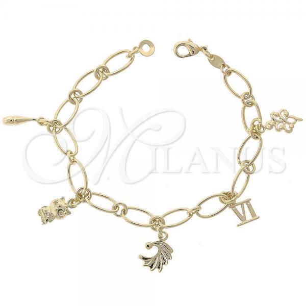 Oro Laminado Charm Bracelet, Gold Filled Style Cat and Flower Design, Polished, Golden Finish, 5.020.009.1