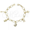 Oro Laminado Charm Bracelet, Gold Filled Style Cat and Flower Design, Polished, Golden Finish, 5.020.009.1