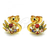 Oro Laminado Stud Earring, Gold Filled Style Swan and Flower Design, with Multicolor Cubic Zirconia, Polished, Golden Finish, 02.387.0090.1
