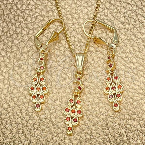 Oro Laminado Earring and Pendant Adult Set, Gold Filled Style Peacock Design, with Garnet Cubic Zirconia, Polished, Golden Finish, 10.357.0003