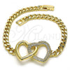 Oro Laminado Fancy Bracelet, Gold Filled Style Heart and Miami Cuban Design, with White Micro Pave, Polished, Golden Finish, 03.283.0272.08