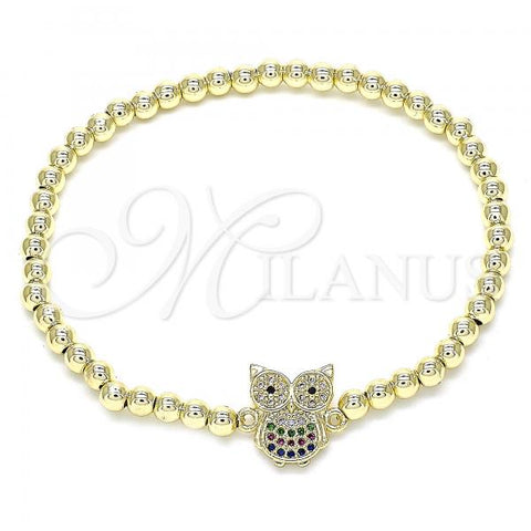 Oro Laminado Fancy Bracelet, Gold Filled Style Expandable Bead and Owl Design, with Multicolor Micro Pave, Polished, Golden Finish, 03.299.0048.07