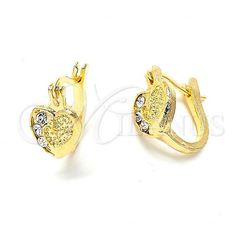 Oro Laminado Huggie Hoop, Gold Filled Style Heart Design, with White Crystal, Matte Finish, Golden Finish, 02.164.0037