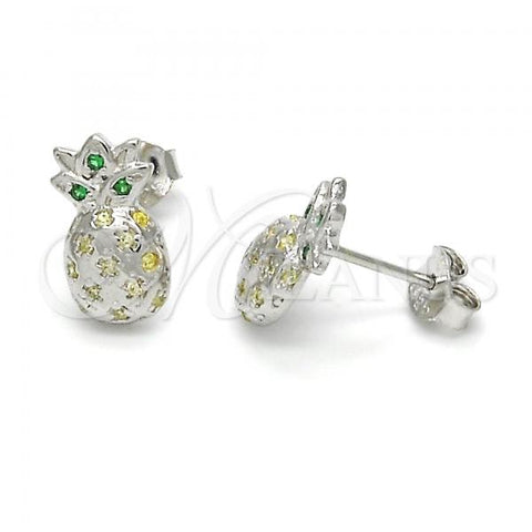 Sterling Silver Stud Earring, Pineapple Design, with Green and White Micro Pave, Polished,, 02.285.0036