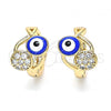 Oro Laminado Huggie Hoop, Gold Filled Style Evil Eye and Fish Design, with White Cubic Zirconia, Blue Enamel Finish, Golden Finish, 02.213.0189.12