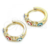 Oro Laminado Huggie Hoop, Gold Filled Style Evil Eye Design, with White Cubic Zirconia, Multicolor Enamel Finish, Golden Finish, 02.213.0194.15
