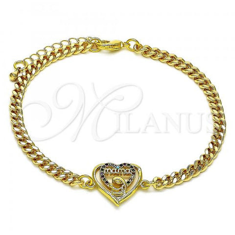 Oro Laminado Fancy Bracelet, Gold Filled Style Mom and Heart Design, with Multicolor Micro Pave, Polished, Golden Finish, 03.381.0043.08