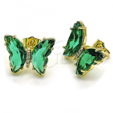 Oro Laminado Stud Earring, Gold Filled Style Butterfly Design, with Emerald Crystal and White Micro Pave, Polished, Golden Finish, 02.341.0055.8