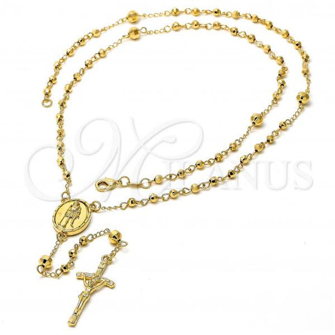 Oro Laminado Medium Rosary, Gold Filled Style San Lazaro and Crucifix Design, Polished, Golden Finish, 5.204.005.1.24