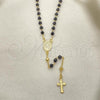 Oro Laminado Thin Rosary, Gold Filled Style Caridad del Cobre and Crucifix Design, with Black Azavache, Polished, Golden Finish, 09.09.0001.18