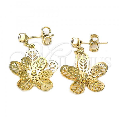Oro Laminado Dangle Earring, Gold Filled Style Flower Design, with White Cubic Zirconia, Polished, Golden Finish, 02.63.2260