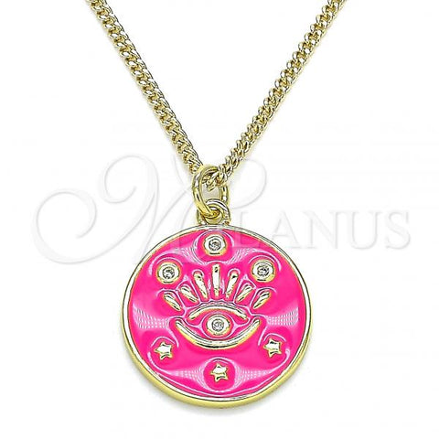 Oro Laminado Pendant Necklace, Gold Filled Style Evil Eye and Star Design, with White Micro Pave, Dark Pink Enamel Finish, Golden Finish, 04.362.0032.2.20