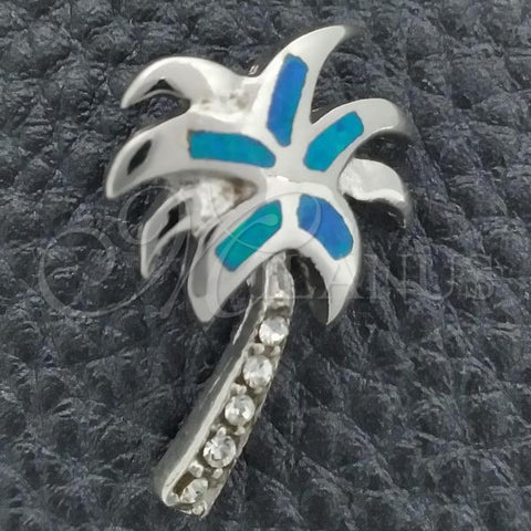 Sterling Silver Fancy Pendant, Palm Tree Design, with Bermuda Blue Opal, Polished, Silver Finish, 05.391.0003