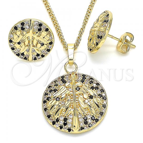 Oro Laminado Earring and Pendant Adult Set, Gold Filled Style Tree Design, with Black and White Cubic Zirconia, Polished, Golden Finish, 10.233.0035.1