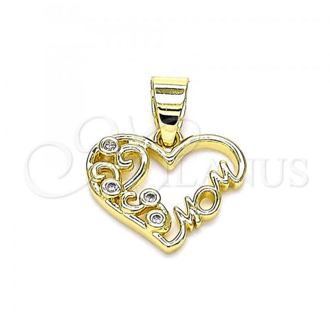 Oro Laminado Fancy Pendant, Gold Filled Style Mom and Heart Design, with White Cubic Zirconia, Polished, Golden Finish, 05.102.0022