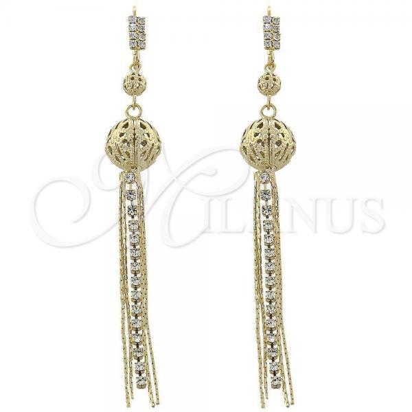 Oro Laminado Long Earring, Gold Filled Style Ball Design, with White Cubic Zirconia, Diamond Cutting Finish, Golden Finish, 5.083.004