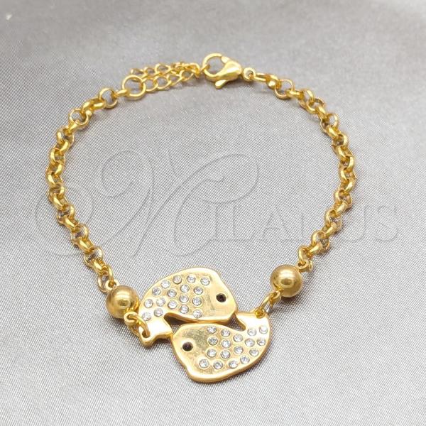Stainless Steel Fancy Bracelet, Dolphin Design, with White Crystal, Polished, Golden Finish, 03.63.22119.07
