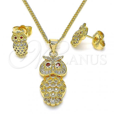 Oro Laminado Earring and Pendant Adult Set, Gold Filled Style Owl Design, with White Micro Pave and Garnet Cubic Zirconia, Polished, Golden Finish, 10.156.0379