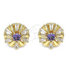Oro Laminado Stud Earring, Gold Filled Style Flower Design, with Amethyst and White Cubic Zirconia, Polished, Golden Finish, 02.387.0033.2