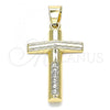 Oro Laminado Religious Pendant, Gold Filled Style Cross Design, with White Crystal, Polished, Golden Finish, 05.213.0080
