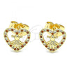 Oro Laminado Stud Earring, Gold Filled Style Heart and Little Girl Design, with Garnet and White Micro Pave, Polished, Golden Finish, 02.156.0331.1