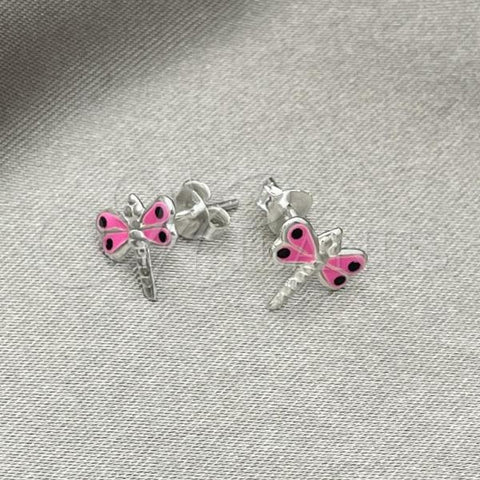 Sterling Silver Stud Earring, Dragon-Fly Design, Pink Enamel Finish, Silver Finish, 02.406.0002.02