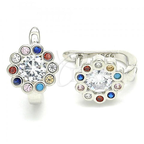 Sterling Silver Huggie Hoop, Flower Design, with Multicolor Cubic Zirconia, Polished, Rhodium Finish, 02.186.0186.12