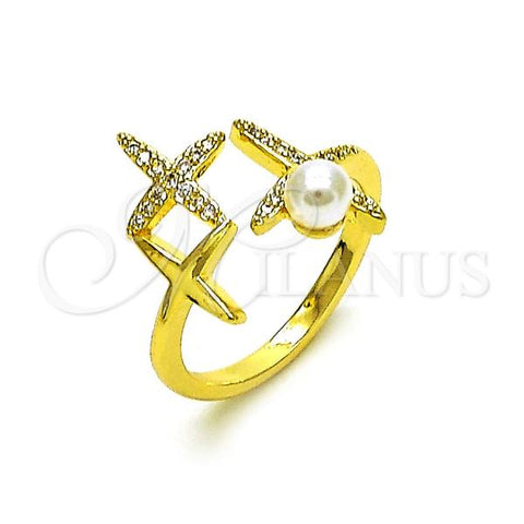Oro Laminado Multi Stone Ring, Gold Filled Style Star and Solitaire Design, with Ivory Pearl and White Micro Pave, Polished, Golden Finish, 01.341.0101