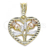 Oro Laminado Fancy Pendant, Gold Filled Style Heart and Flower Design, Polished, Tricolor, 05.351.0112.1