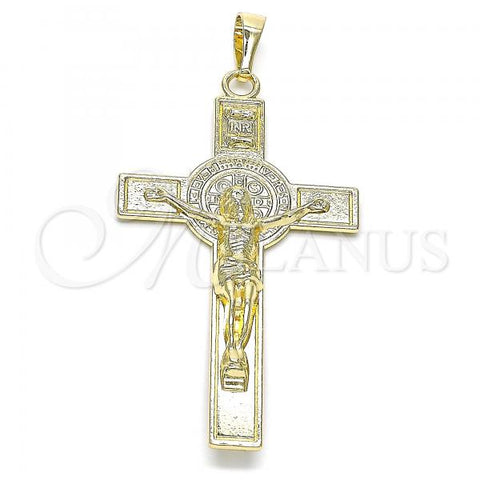 Oro Laminado Religious Pendant, Gold Filled Style Crucifix and San Benito Design, Polished, Golden Finish, 05.380.0148