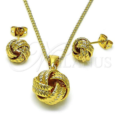 Oro Laminado Earring and Pendant Adult Set, Gold Filled Style Love Knot Design, Diamond Cutting Finish, Golden Finish, 10.342.0185