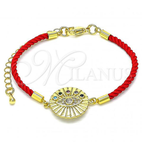 Oro Laminado Fancy Bracelet, Gold Filled Style Evil Eye Design, with Multicolor Cubic Zirconia and White Micro Pave, Polished, Golden Finish, 03.381.0016.06