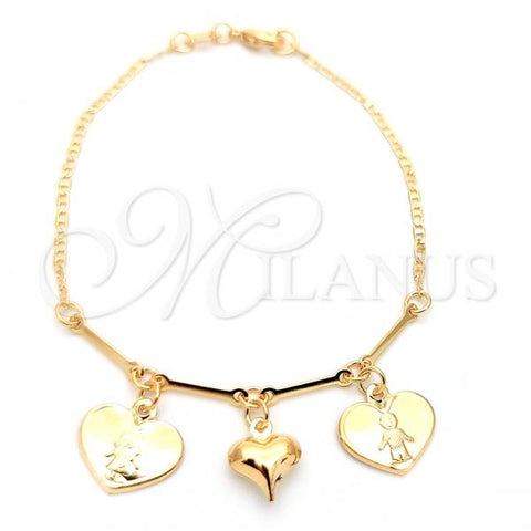 Oro Laminado Charm Bracelet, Gold Filled Style Heart and Mariner Design, Polished, Golden Finish, 03.32.0270.07