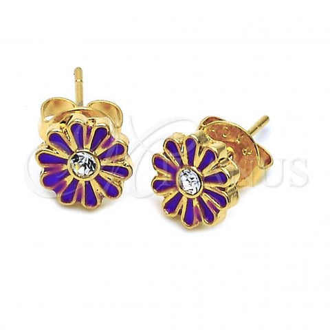 Oro Laminado Stud Earring, Gold Filled Style Flower Design, with White Crystal, Enamel Finish, Golden Finish, 02.64.0226 *PROMO*