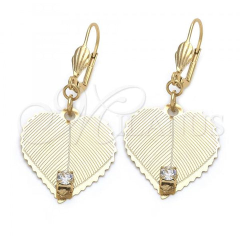 Oro Laminado Dangle Earring, Gold Filled Style Heart Design, with White Cubic Zirconia, Golden Finish, 73.004