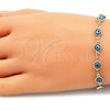 Oro Laminado Necklace and Bracelet, Gold Filled Style Evil Eye Design, Light Blue Resin Finish, Golden Finish, 06.63.0008