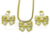 Oro Laminado Earring and Pendant Adult Set, Gold Filled Style Bow and Ball Design, with Ivory Pearl, Polished, Golden Finish, 10.417.0006