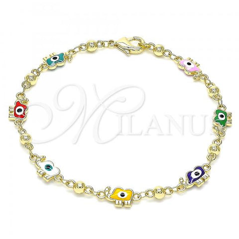 Oro Laminado Fancy Bracelet, Gold Filled Style Elephant and Evil Eye Design, Multicolor Enamel Finish, Golden Finish, 03.213.0141.4.08