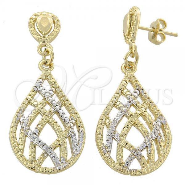 Oro Laminado Dangle Earring, Gold Filled Style Teardrop Design, Diamond Cutting Finish, Two Tone, 02.55.0016