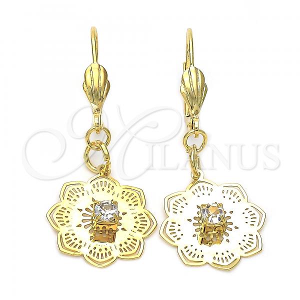 Oro Laminado Dangle Earring, Gold Filled Style Flower Design, with White Cubic Zirconia, Polished, Golden Finish, 69.006