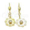 Oro Laminado Dangle Earring, Gold Filled Style Flower Design, with White Cubic Zirconia, Polished, Golden Finish, 69.006
