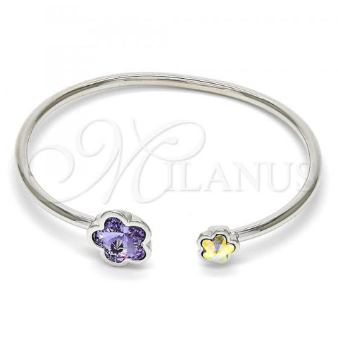 Rhodium Plated Individual Bangle, Flower Design, with Tanzanite and Aurore Boreale Swarovski Crystals, Polished, Rhodium Finish, 07.239.0011.6 (02 MM Thickness, One size fits all)