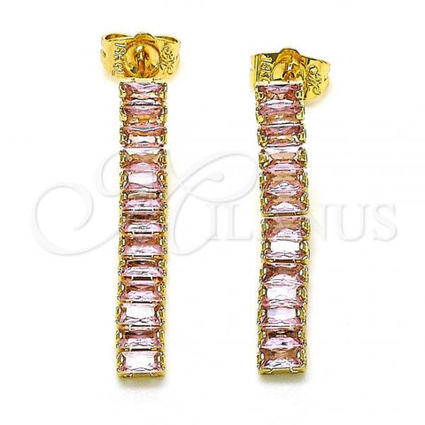 Oro Laminado Long Earring, Gold Filled Style Baguette Design, with Pink Cubic Zirconia, Polished, Golden Finish, 02.403.0001.2