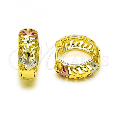 Oro Laminado Huggie Hoop, Gold Filled Style Leaf Design, Polished, Tricolor, 02.102.0072.15